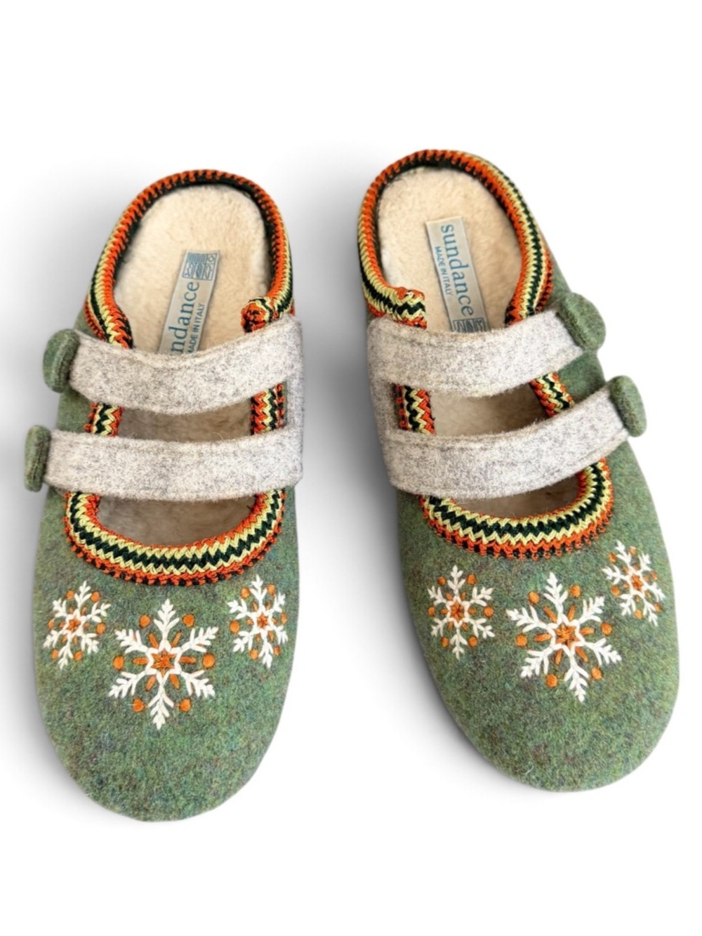 Sundance Green Felt Snowflake Embroidered Mary Jane Slippers Mules US 6 EU 36